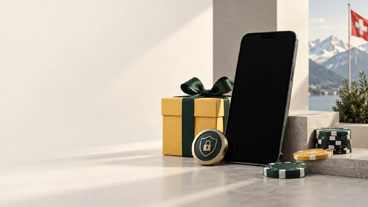 Smartphone, Sicherheitssymbol und gelbes Geschenkobjekt